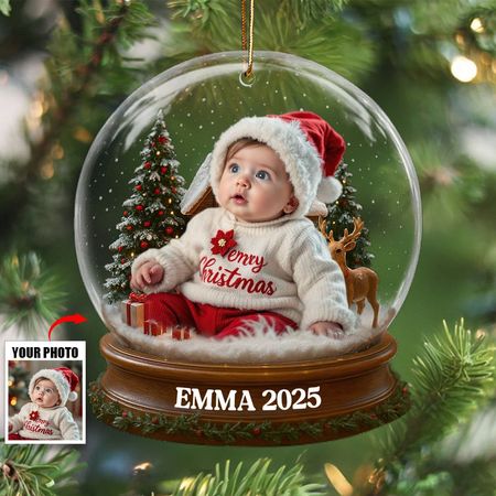 Baby's Christmas With Santa Suit And Reindeer, Custom Acrylic Ornament